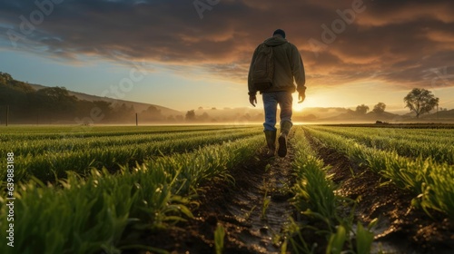 A farmer walks across a green field in welly boots at sunrise
