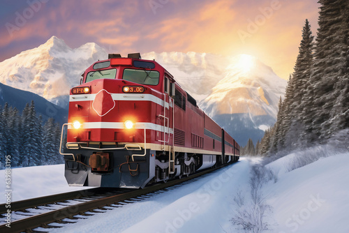 A painting of a train on a train track. A modern freight locomotive moves through a snow-covered forest in the mountains in winter on railway rails. Transportation of goods by rail.