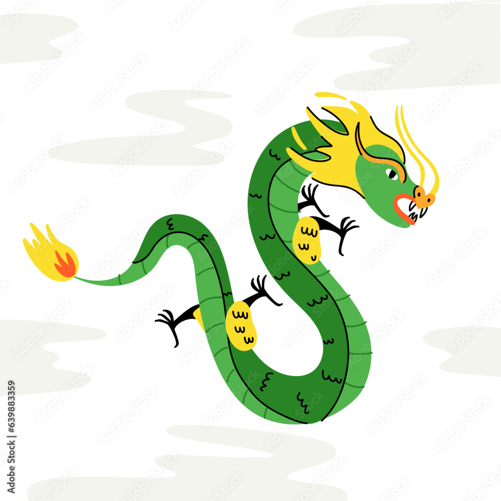 Fototapeta premium Chinese dragon. Modern colorful traditional New Year zodiac animal, clouds background, 2024 Horoscope. Asian lunar calendar trendy symbol, green reptile card. Vector contemporary illustration