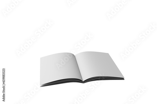 Blank page of open portrait soft cover book with glossy paper. Isolated on a transparent background with a clipping path around the book. 3d illustration.