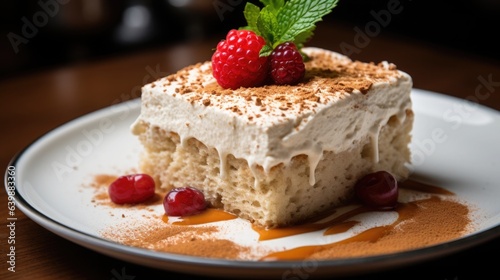 Piece of Tres leches cake prepared at home. Latin American dessert