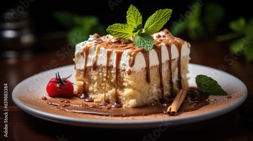 Piece of Tres leches cake prepared at home. Latin American dessert