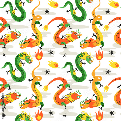 Chinese dragon pattern. Modern colorful traditional New Year zodiac animal, seamless background, 2024 Horoscope. Asian lunar calendar trendy decor textile, wrapping, wallpaper, vector illustration