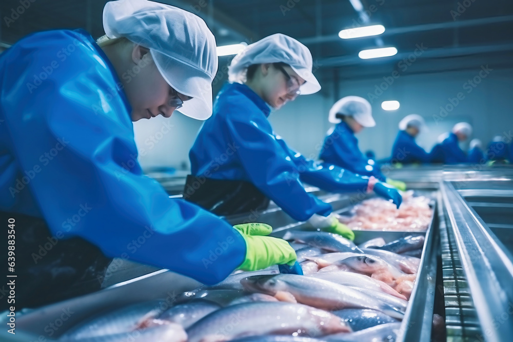Fish processing plant. Production Line. People sort the fish moving