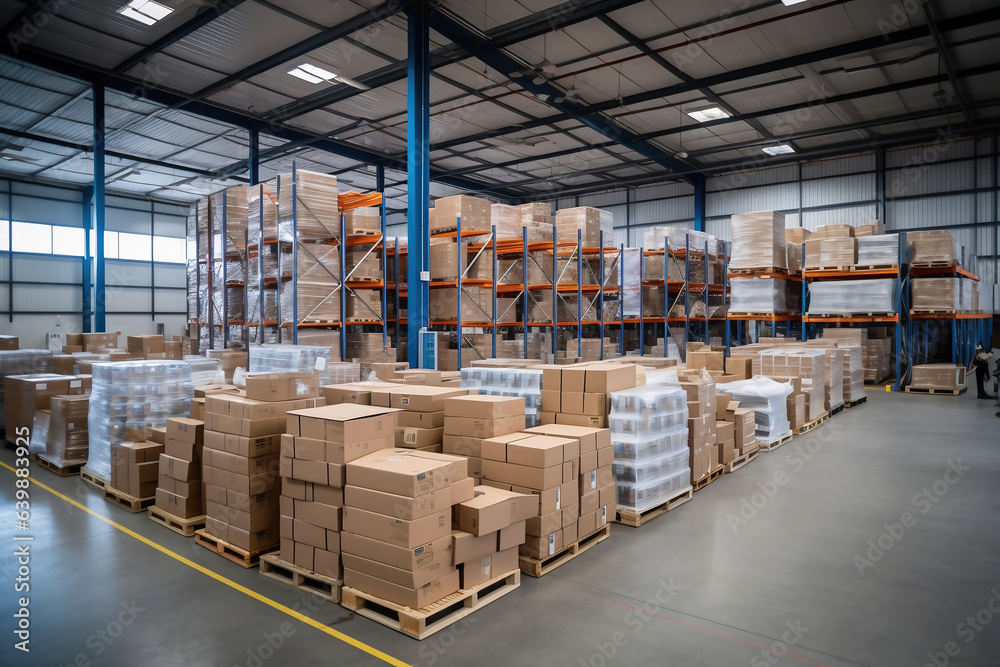A huge warehouse filled with neatly stacked boxes. Interior of a modern warehouse. Large space for storing and moving goods. logistics. Trade in the modern world. A huge warehouse filled with neatly stacked boxes. Interior of a modern warehouse. Large space for storing and moving goods. logistics. Trade in the modern world.