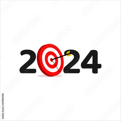 Happy New Year 2024 with target design. 2024 number design template. Symbols 2024 Happy New Year. Successful goal in 2024. Vector illustration.