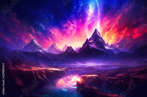 A painting of surreal beauty: abstract blues and purples drape over majestic mountains, crafting an imaginative and enchanting landscape.