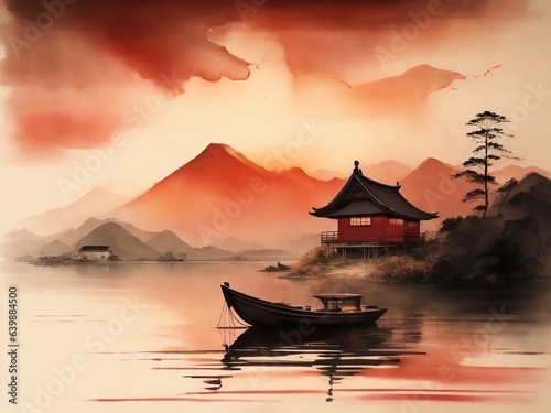 A beautiful Chinese ink painting with mountain view