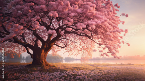 In spring's gentle embrace, a cherry blossom tree adorns the world with its soft pink hues, captivating all who witness its enchanting beauty
