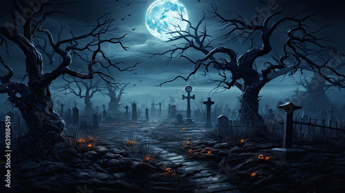 Beneath the radiant full moon, Halloween's eerie enchantment captivates the courageous, even in the cemetery's depths