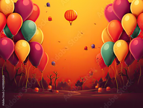 Displayed on an orange backdrop, a Halloween banner with graphic design flair presents a lively assortment of colorful balloons