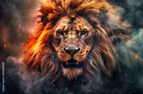 A majestic lion stands against a dark backdrop, framed by billowing clouds that add a touch of drama to its presence.