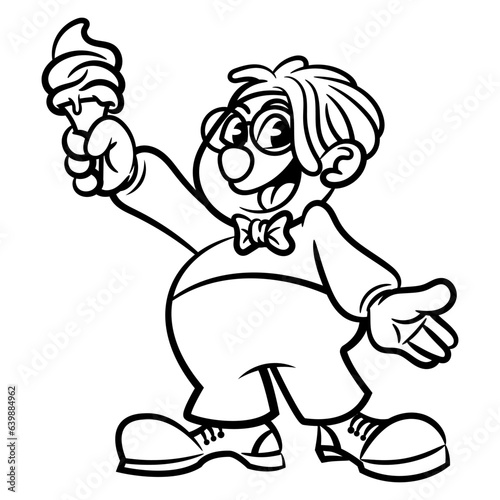 Cartoon illustration of a Man wearing clown costume and selling an ice cream for children  best for outline  logo  mascot and coloring book with startup business themes for kids