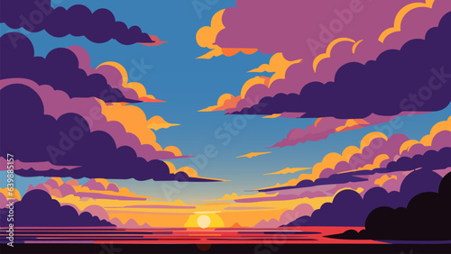 Painting of a sunset with clouds and a sun setting in the distance with a blue sky and a red sun, colorful clouds, vector art, color field. Cartoon anime background. Vector illustration.