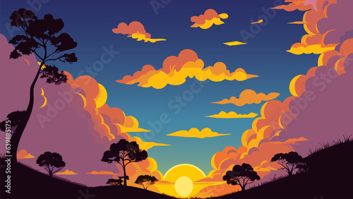 Painting of a sunset with clouds and trees in the foreground and a blue sky with clouds in the background, plain background, vector art, context art. Cartoon anime background. © Ray Morel