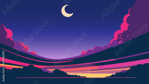 Landscape with a crescent and a moon in the sky above it, with a purple and blue background, colorful flat surreal design, vector art, retrofuturism. Cartoon anime background.