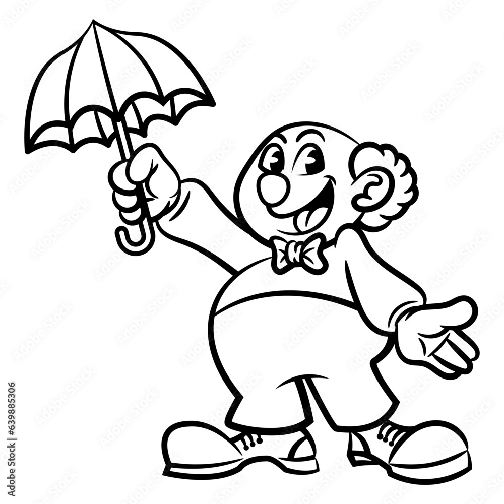 Cartoon illustration of a Funny Clown playing with umbrella at carnival. Best for outline, logo, mascot, and coloring book with circus themes for kids Cartoon illustration of a Funny Clown playing with umbrella at carnival. Best for outline, logo, mascot, and coloring book with circus themes for kids