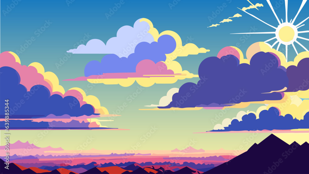 Painting of a sunset with clouds and mountains in the background and a bird flying in the sky above, colorful clouds, vector art, space art. Cartoon anime background. Painting of a sunset with clouds and mountains in the background and a bird flying in the sky above, colorful clouds, vector art, space art. Cartoon anime background.