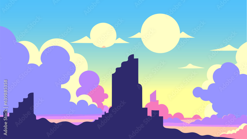 City skyline with a tall building in the distance and clouds in the sky above it, with a bright sun in the background, colorful clouds, a matte painting, space art. Cartoon anime background.