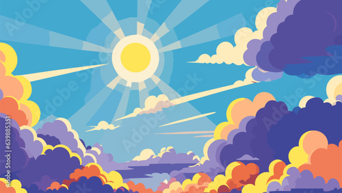 Painting of a sun and clouds in the sky with a blue sky and sun in the background with clouds, colorful clouds, a storybook illustration, context art. Cartoon anime background.
