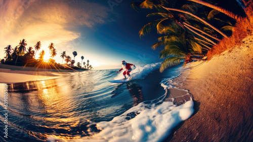 Santa Claus is having a happy surf vacation in the tropical coast with palm trees