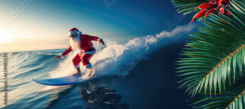 Santa Claus surfing in the blue sea with palm leaves