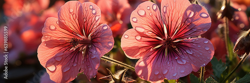 Geranium rose red flower petals with water drops, close up, banner. © nnattalli