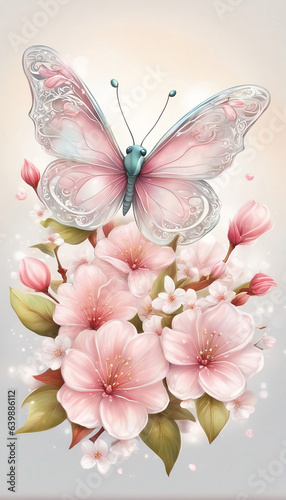 Butterfly with Cherry Blossom flowers - Generative AI  © SolaoArt