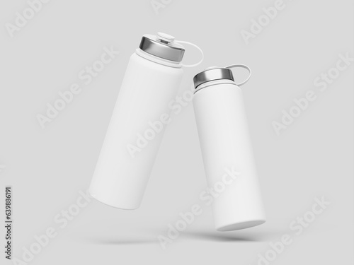 Blank white metal two water bottle mockup, sport, tumbler, isolated, front view, 3d rendering. 