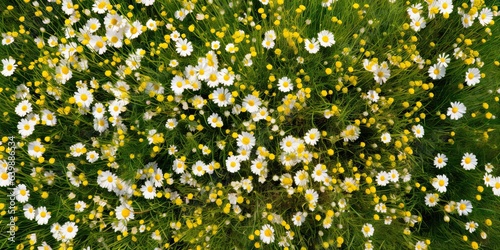 Summer embrace. Vibrant daisy fields. Botanical haven. Garden delight. Nature symphony. Blossoms in harmony. Top view