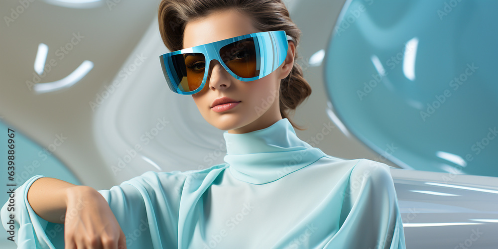 Hübsche Model Frau mit VR Brille 3D VR Metaverse mit futuristischem Hintergrund in Querformat als Banner, ai generativ Hübsche Model Frau mit VR Brille 3D VR Metaverse mit futuristischem Hintergrund in Querformat als Banner, ai generativ