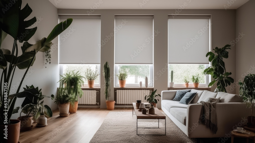 custom made wallpaper toronto digitalInterior roller blinds are installed in the living room, featuring white colored roller shades on the windows. Within the same room, there are also a houseplant and a sofa present.