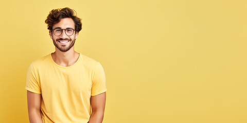 Attractive brunette man wearing yellow tshirt and glasses. Isolated on yellow background