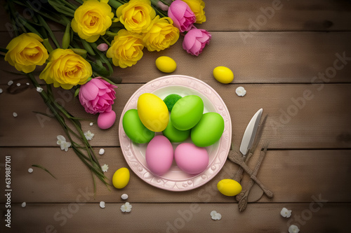 Auguri di buona Pasqua con uova di cioccolato nel piatto