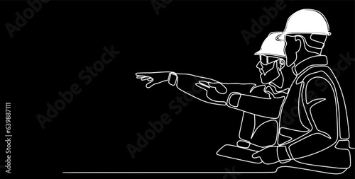 Single continuous line drawing of young construction manager giving instruction to builder coordinator. Building architecture business concept. One line draw design vector black background