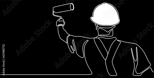 Continuous one line drawing of young handyman painting the wall using roller stick. Painter wall renovation service concept. Vector home renovation theme isolated on black background