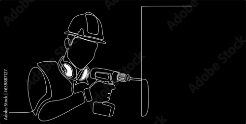 Single continuous line drawing of young construction worker. Building architecture business concept. One line draw design vector. Black background. 