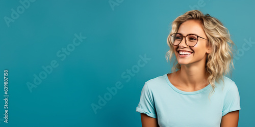 Slika na platnu Attractive blond woman wearing blue tshirt and glasses