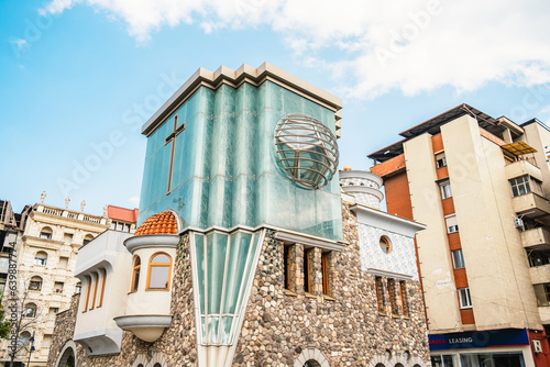 Vardar river. Exciting  cityscape of capital of North Macedonia Mother Teresa Memorial House photo