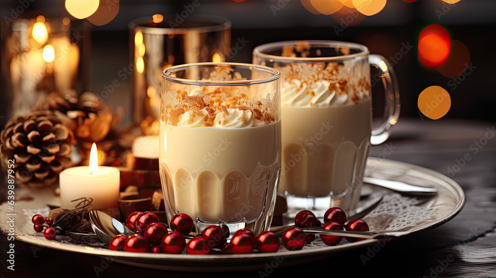 Glass mug of pumpkin spice late or eggnog in a festive, cozy and winter Christmas atmosphere. Home feeling mood. Glass mug of pumpkin spice late or eggnog in a festive, cozy and winter Christmas atmosphere. Home feeling mood.