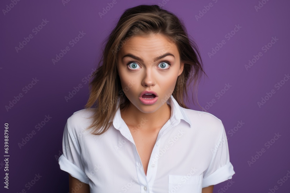 A frightened surprised girl on a purple background A frightened surprised girl on a purple background