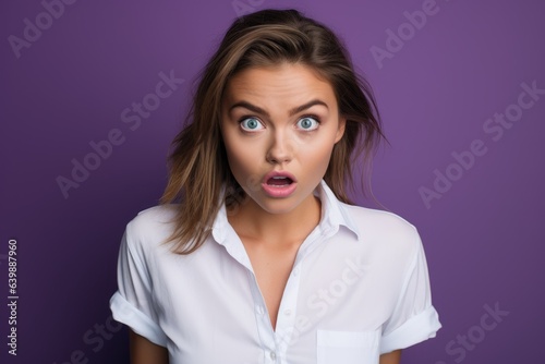 A frightened surprised girl on a purple background