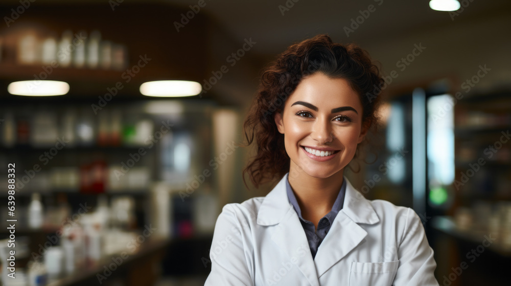 Beautiful woman is captured with a genuine smile while she works in a bustling drugstore, exemplifying the welcoming and helpful atmosphere of the establishment. Beautiful woman is captured with a genuine smile while she works in a bustling drugstore, exemplifying the welcoming and helpful atmosphere of the establishment.