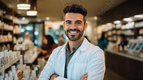 Friendly and approachable male pharmacist is depicted in this portrait, his warm smile reflecting his dedication to providing excellent customer service and expert pharmaceutical advice. © eugenegg