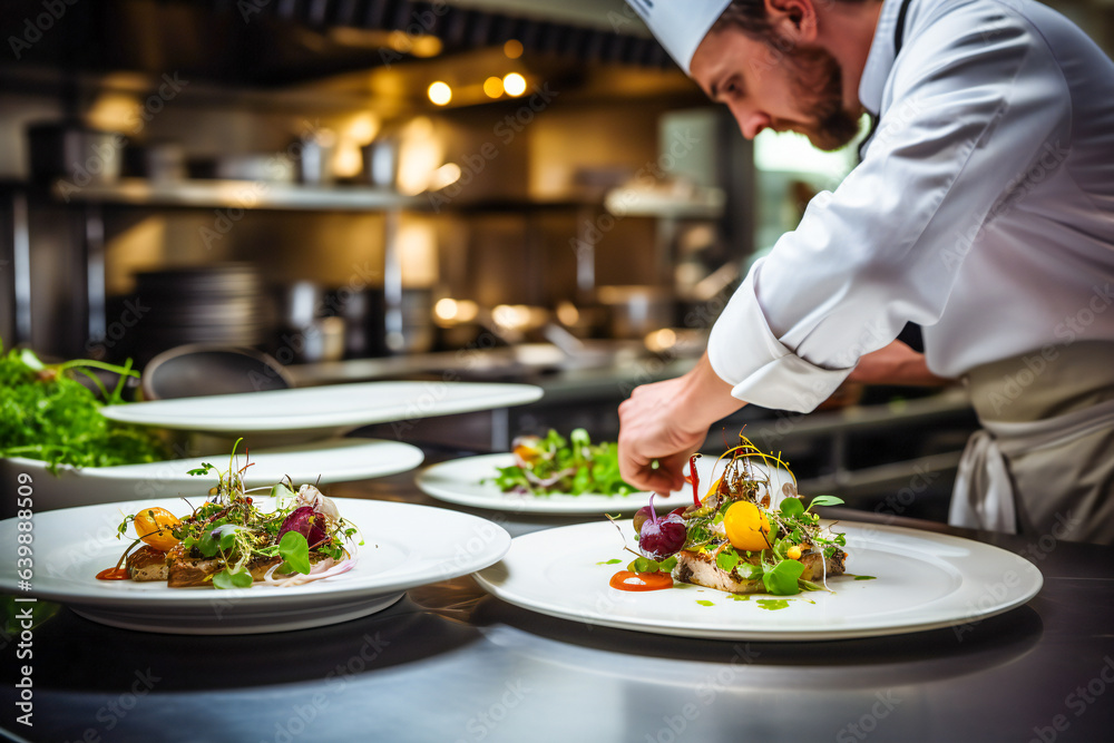 A chef preparing dishes in a gourmet restaurant A chef preparing dishes in a gourmet restaurant