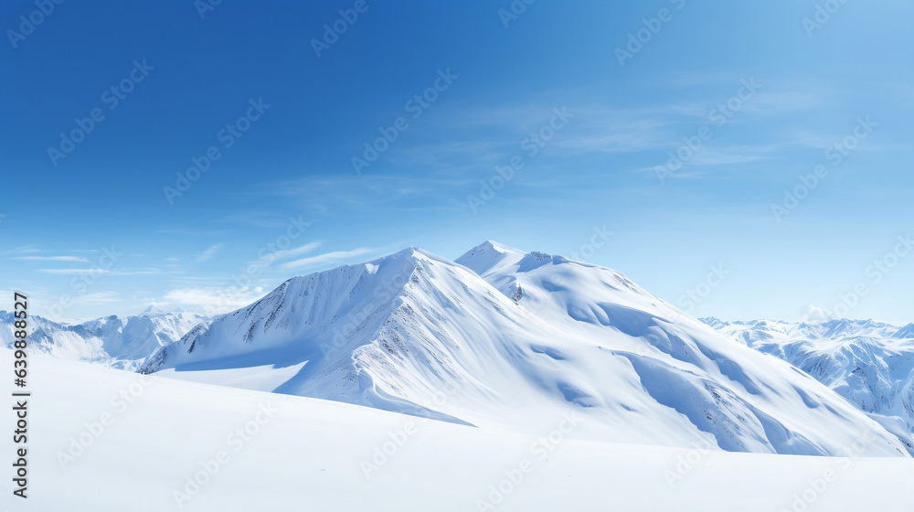 Wide angle view landscape of white snowy mountains range with clear blue sky during cold winter. Nature concept for extreme lifestyle product background
