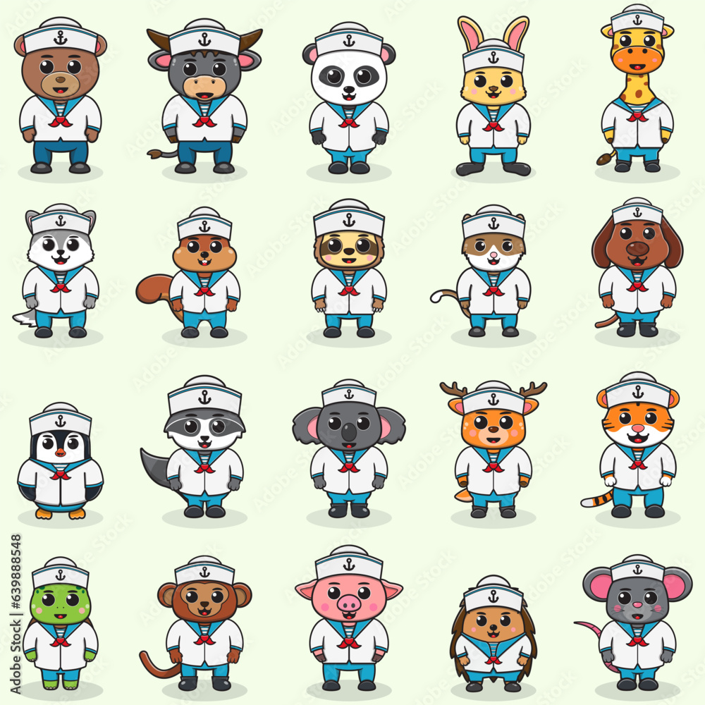 Vector Illustration of Cute Animal character wearing a sailors costume. Big set of cute cartoon children in professions. Cartoon flat style.
