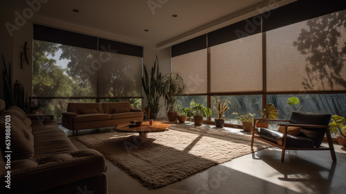 Interior roller blinds are used to cover the windows, and there are automatic solar shades in a bigger size for the windows. The living room consists of sofas and palm trees.