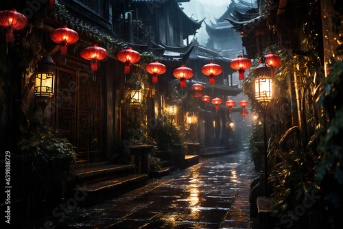 Old chinese town with narrow streets in a rainy day