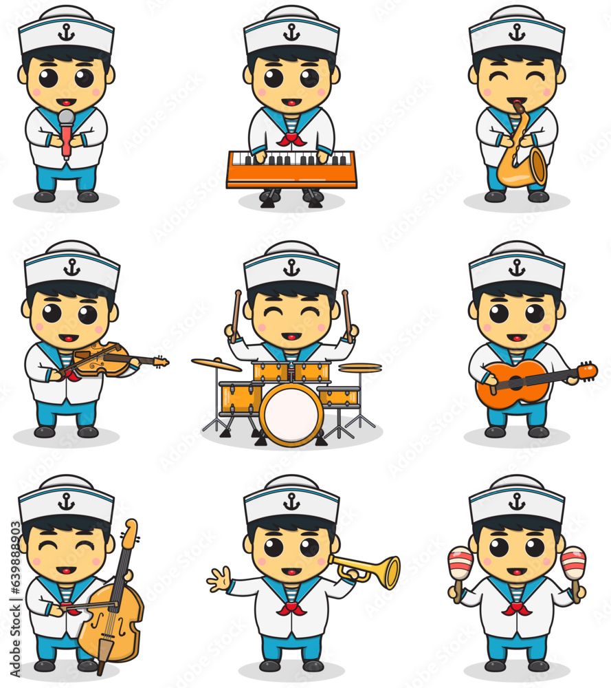 Vector Illustration of Cute Boy sailors playing Music. Big set of cute cartoon children in professions. Cartoon flat style. Vector Illustration of Cute Boy sailors playing Music. Big set of cute cartoon children in professions. Cartoon flat style.